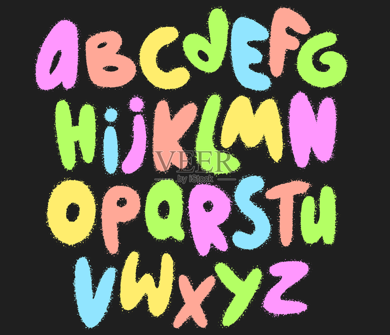涂鸦彩色喷漆字体。朋克和垃圾摇滚风格字母。街头墙绘手绘垃圾摇滚字母，滴落印花。喷溅字母滴落。都市粗体画笔绘制矢量排版。插画图片素材