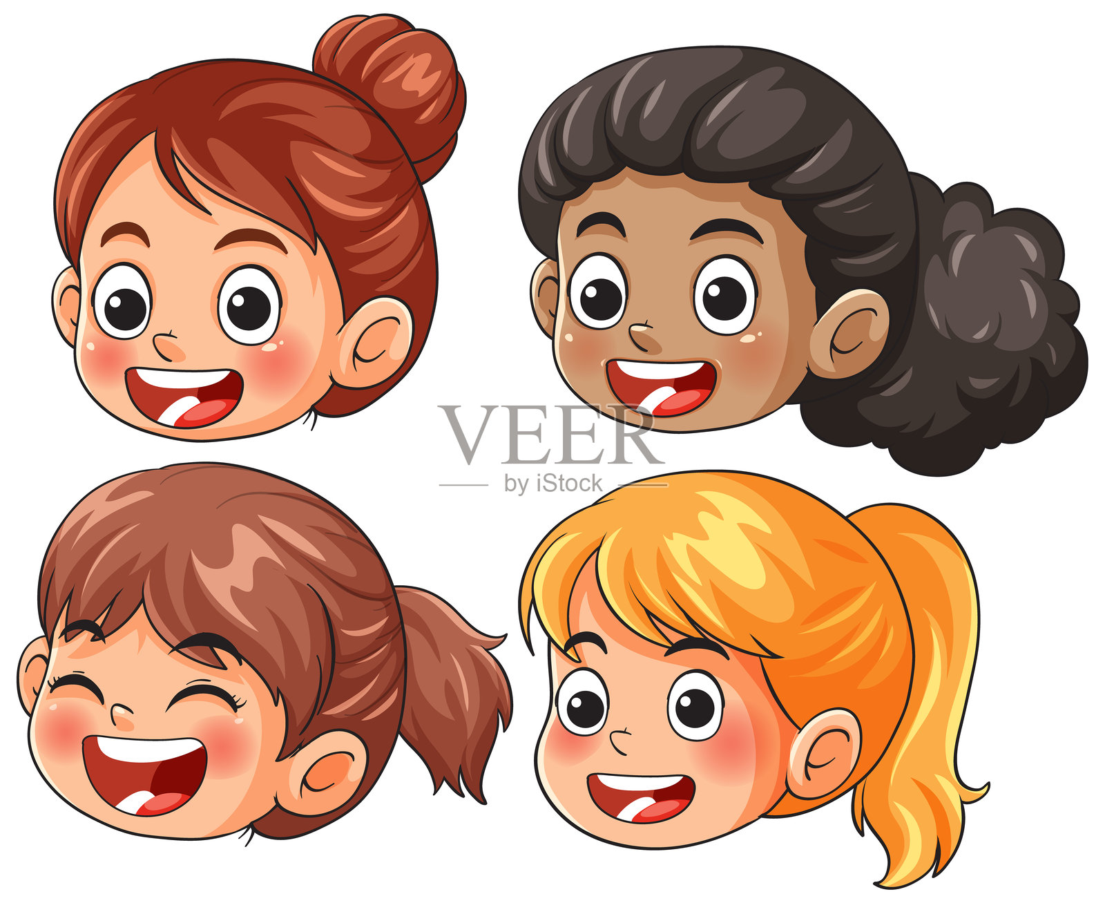 四位卡通女孩，脸带笑容，发型各异插画图片素材