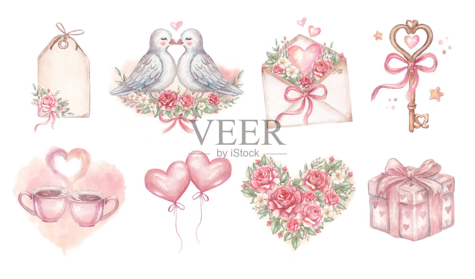 浪漫水彩风情人节剪贴画套装，包含鸽子、心形、花朵、礼品盒、信封、钥匙、气球和舒适的茶杯。柔和的粉彩插画，适用于卡片、婚礼、爱情主题设计。插画图片素材