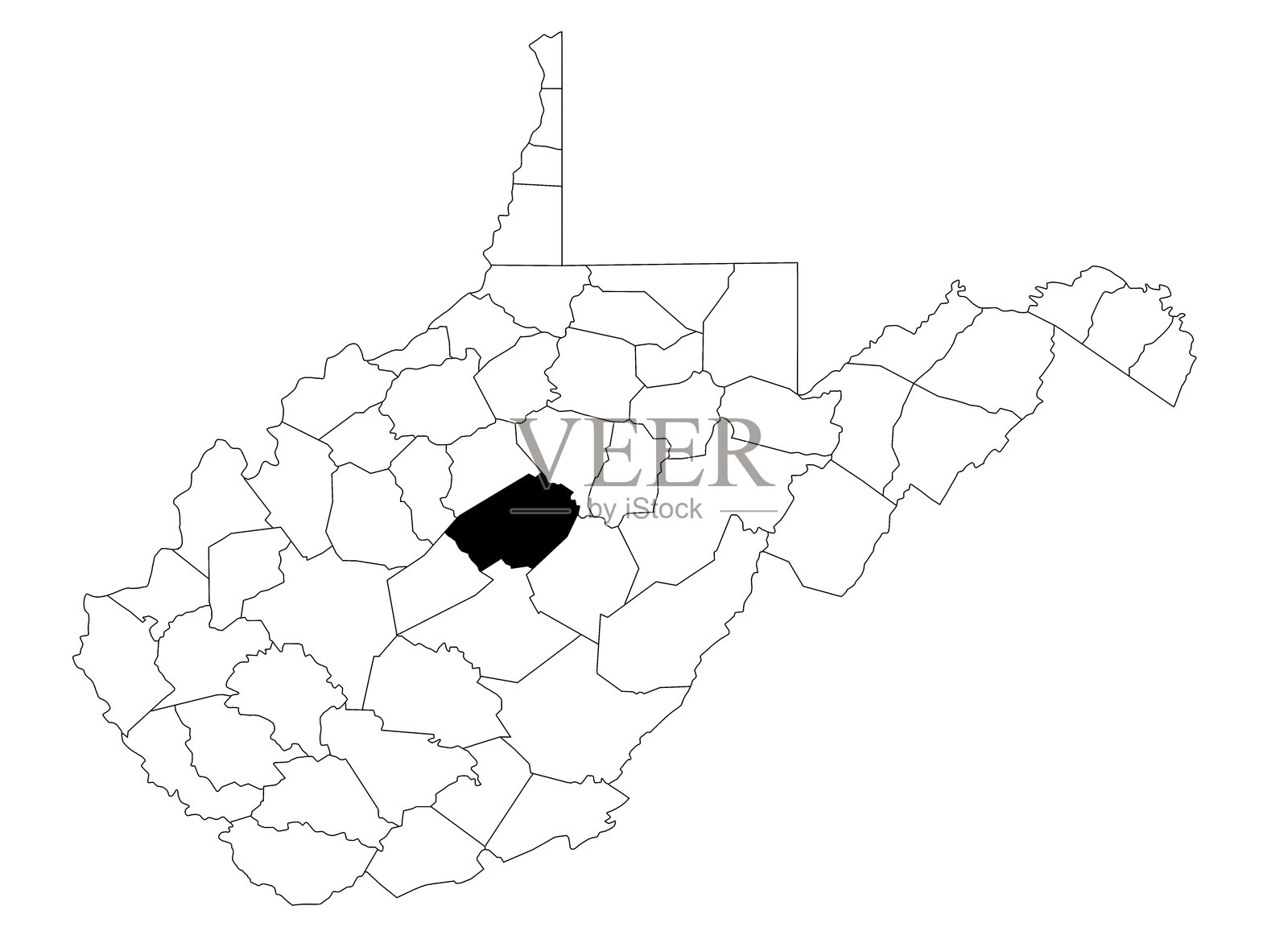 美国西弗吉尼亚州布拉克森县地图，背景为白色。西弗吉尼亚州地图上以黑色突出显示了布拉克森县的单一地图。插画图片素材
