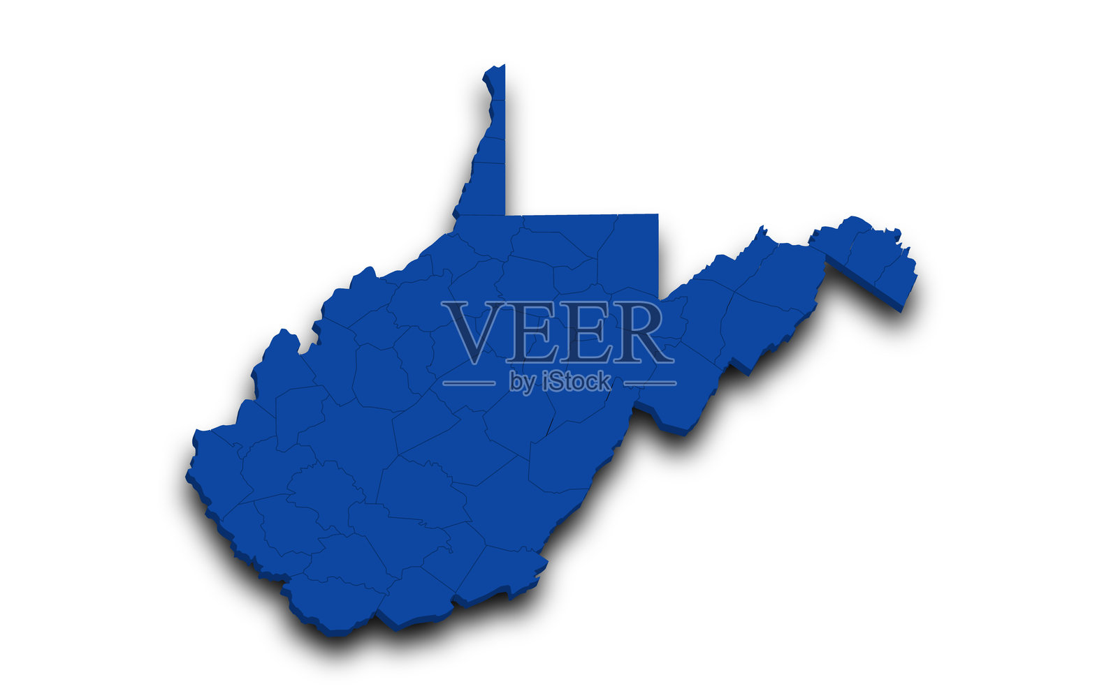 美国西弗吉尼亚州地图。西弗吉尼亚州三维彩色地图。美利坚合众国，美国，美利坚合众国插画图片素材