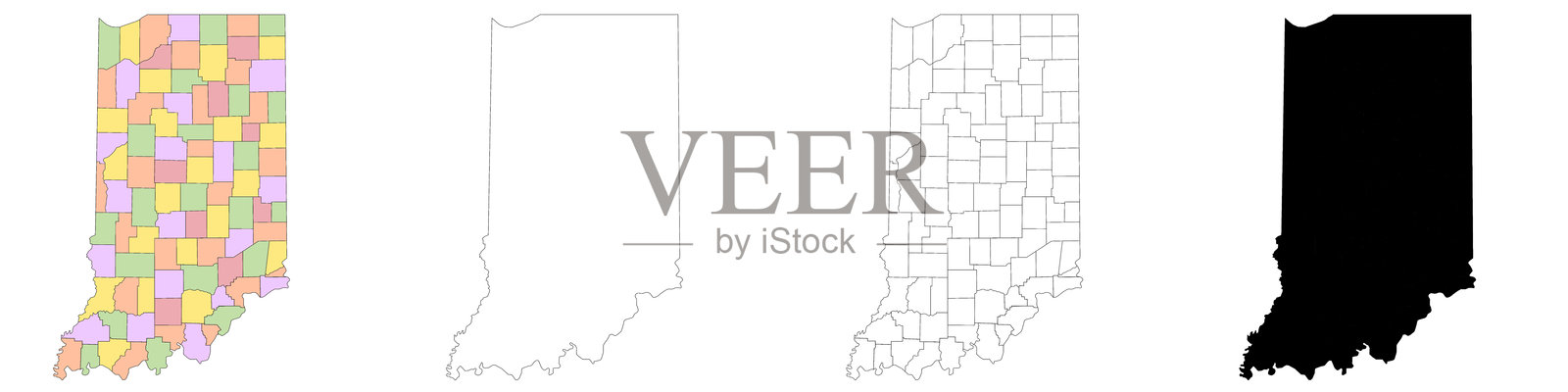 印第安纳州地图。印第安纳州行政区划图、印第安纳州轮廓和县州地图集 - 插画版插画图片素材