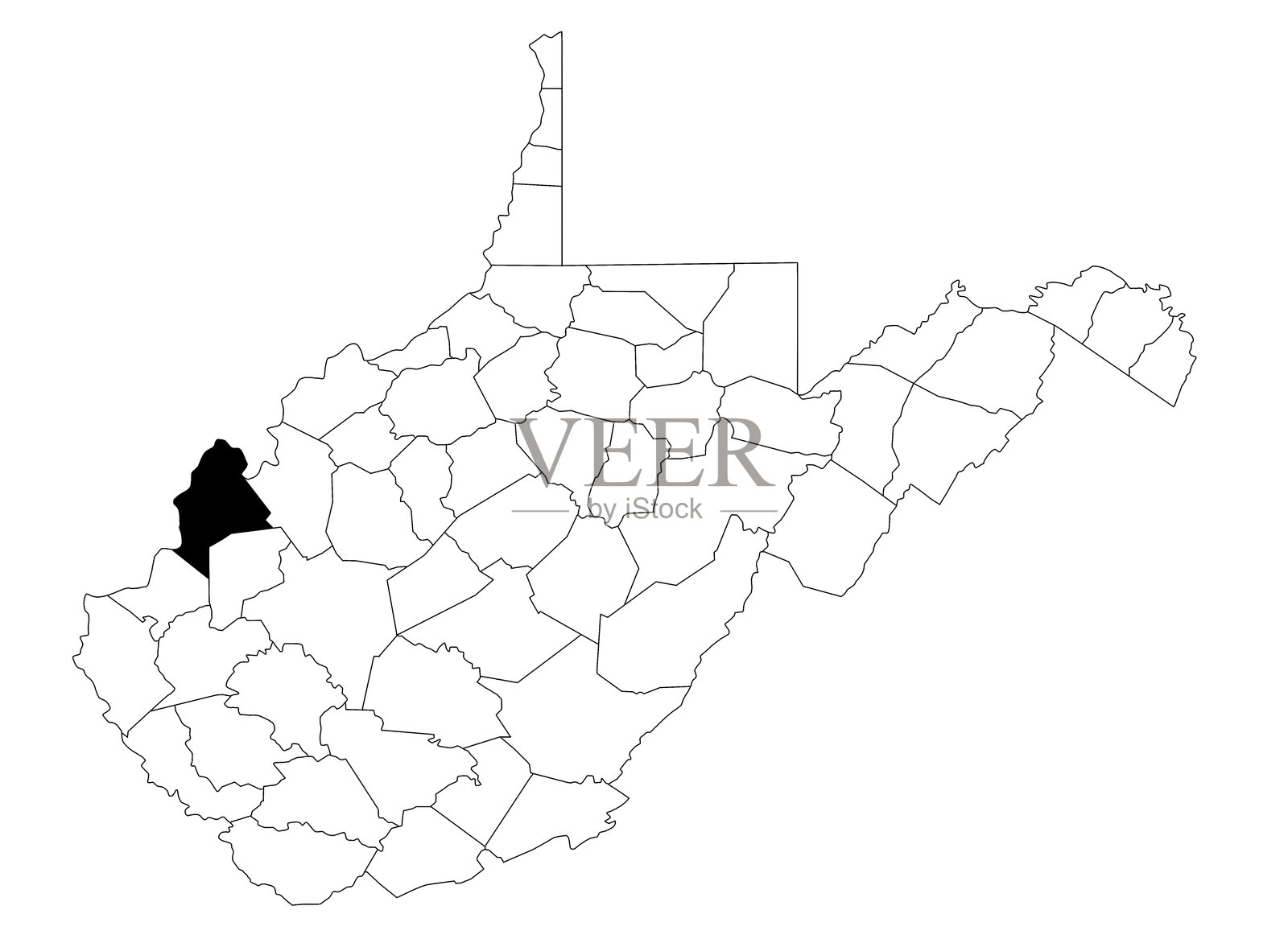 美国西弗吉尼亚州梅森县地图，白色背景。西弗吉尼亚州地图上突出显示了单独的梅森县。插画图片素材