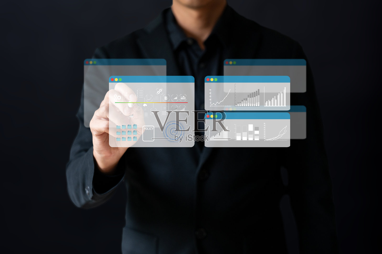 商务图标展示的业务增长，背景中有一位商人照片摄影图片