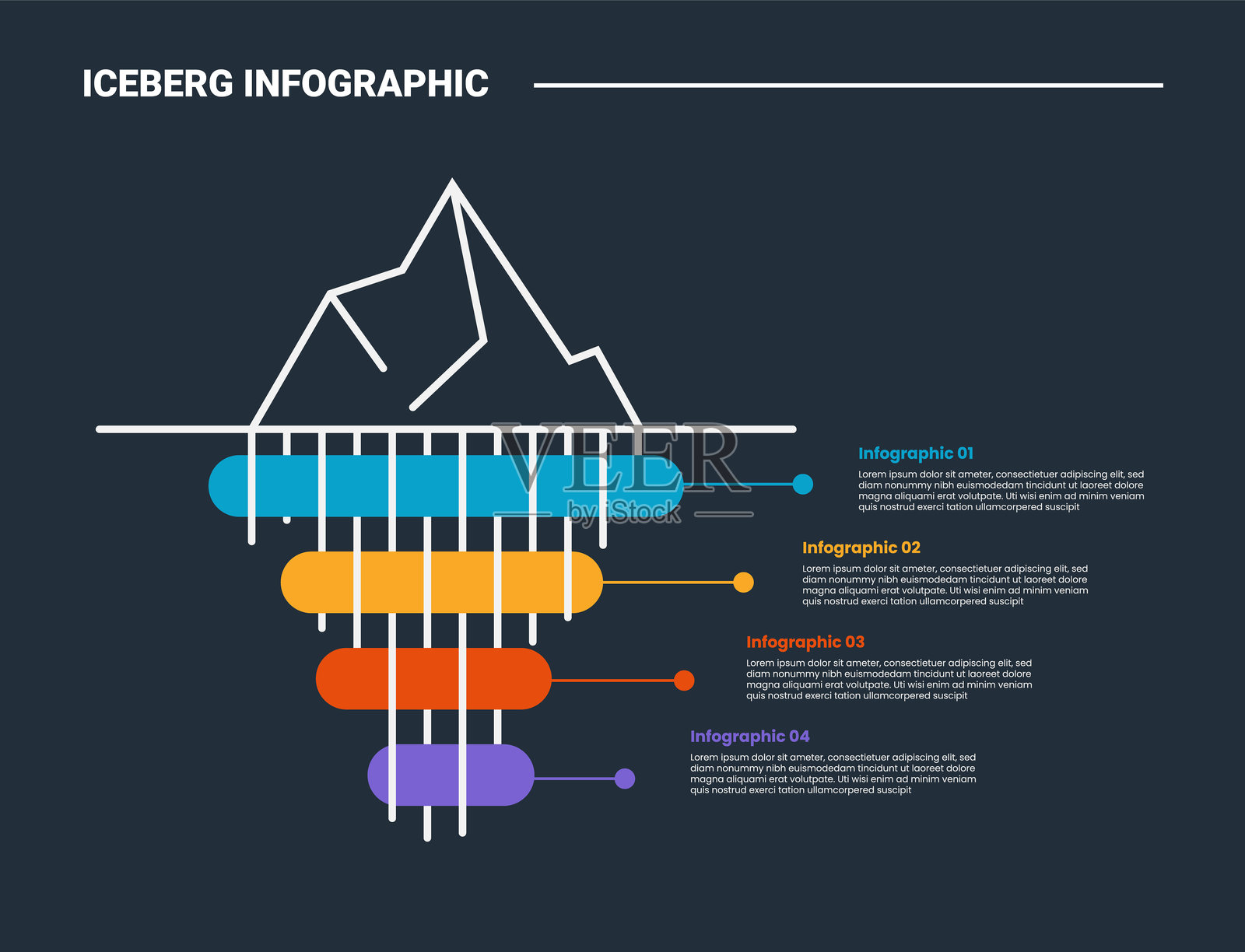 带有要点列表的金字塔形状冰山信息图流程图，背景为深色，轮廓明亮，底部有4个要点插画图片素材