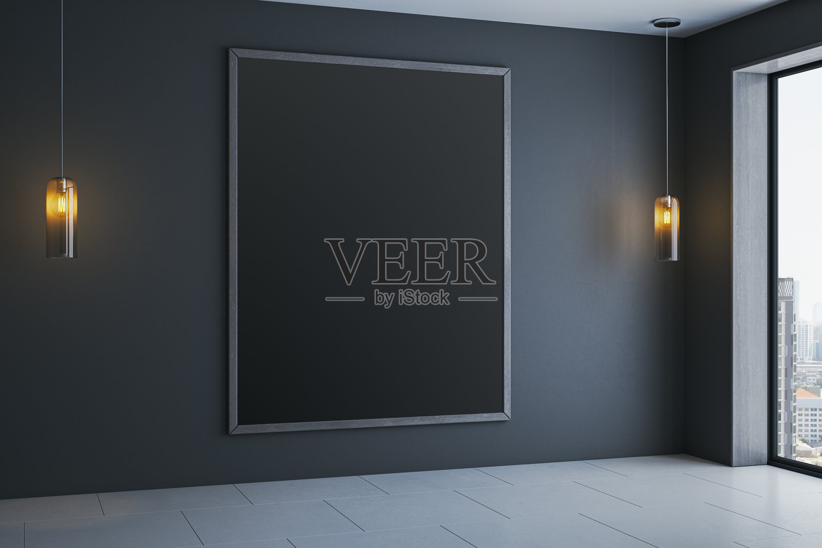 现代深色室内房间的垂直黑色画框模型，角落设有吊灯和透过大窗户看到的城市景观。三维渲染。照片摄影图片