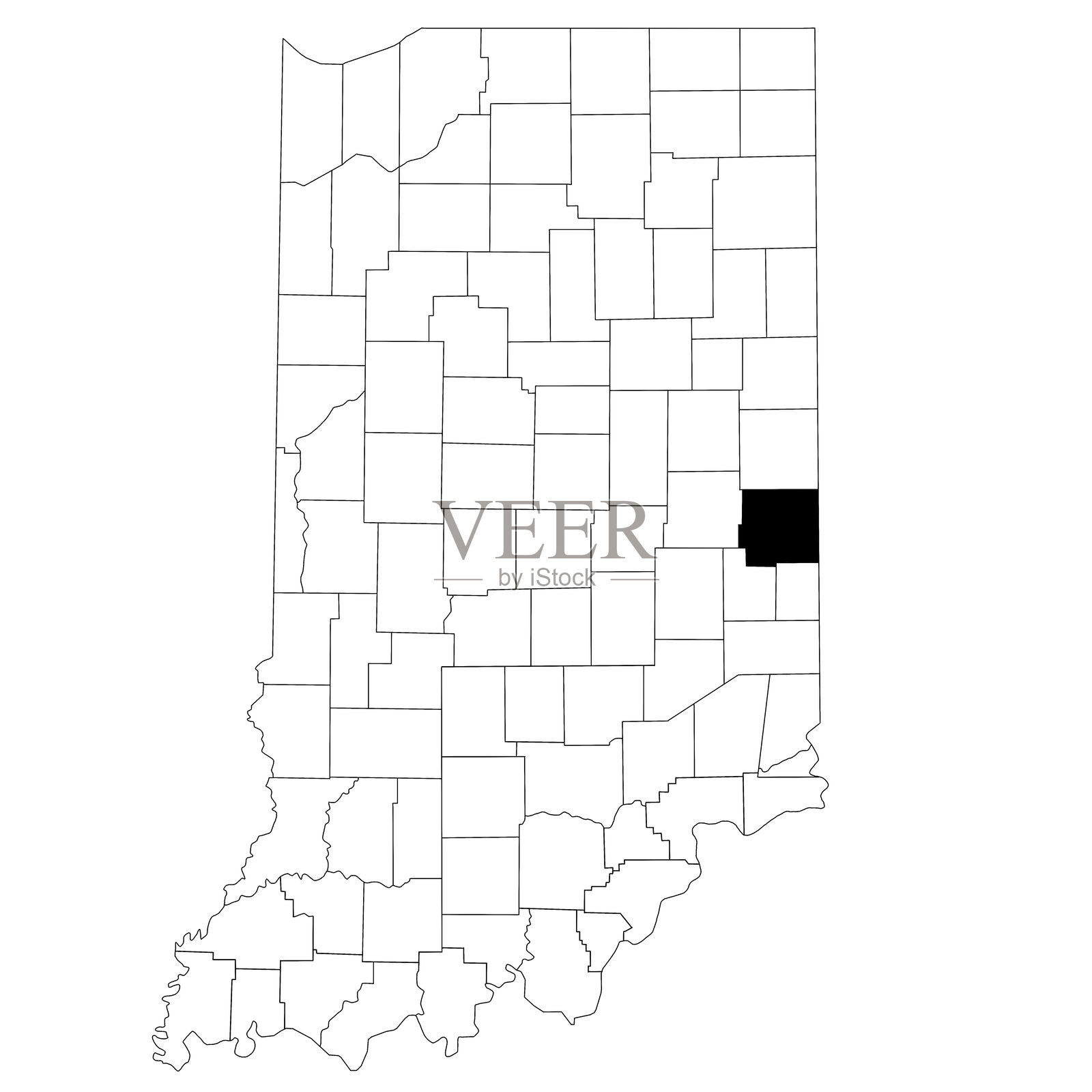 印第安纳州韦恩县地图，背景为白色。美国地图上用黑色突出显示了单一县的地图。美国，美利坚合众国插画图片素材