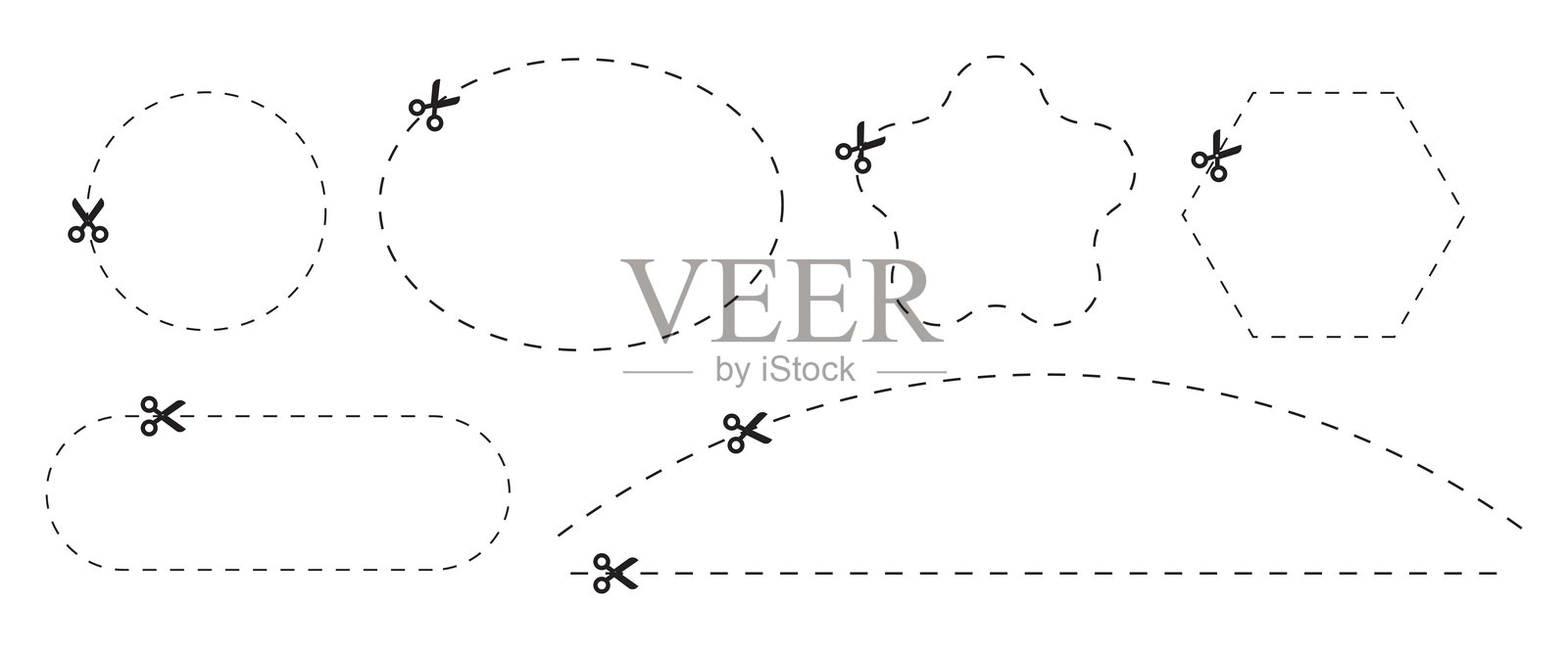 矢量图：剪刀在圆圈和其他形状中剪切虚线。优惠券裁切线或纸张切割标记。插画图片素材