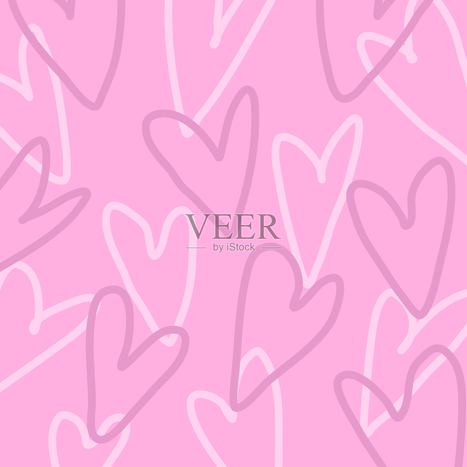 柔和粉彩调的无缝粉色图案，带有手绘心形轮廓。可爱的浪漫涂鸦风格，极简扁平化设计，适用于情人节、卡片、纺织品和印刷品背景。插画图片素材