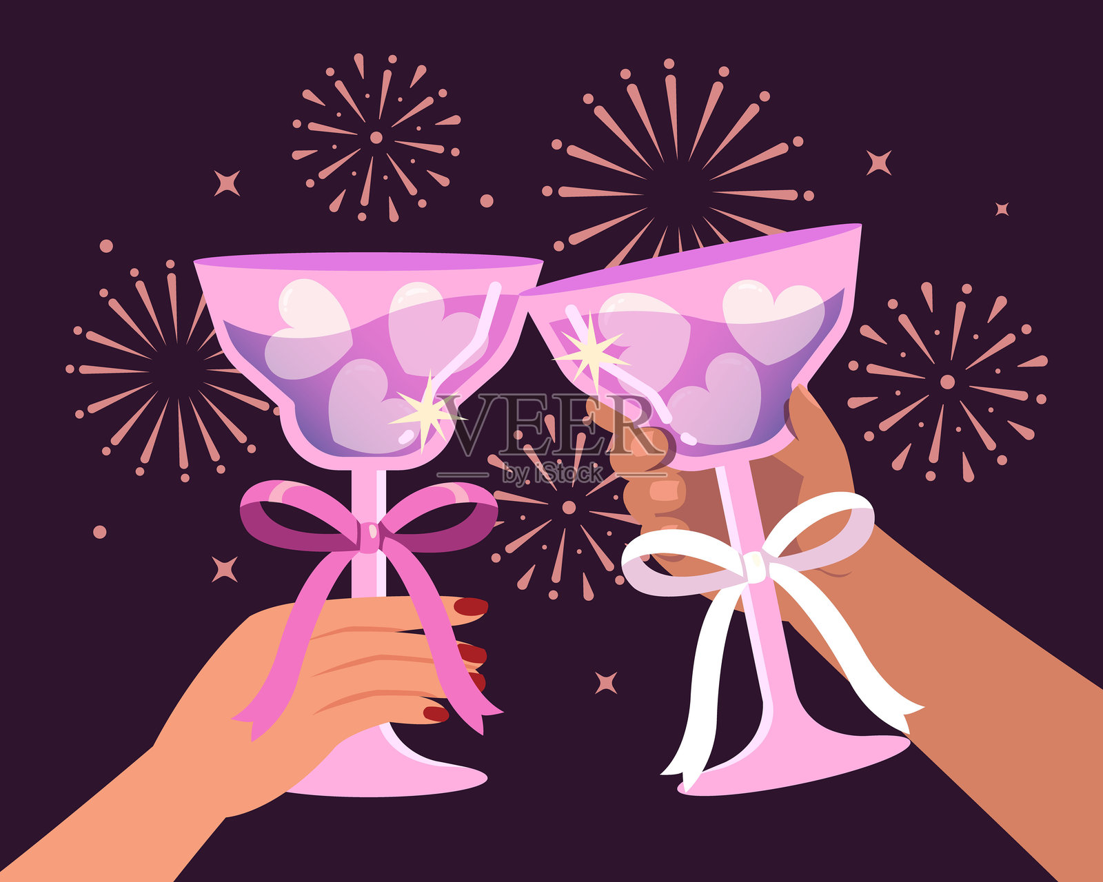 手捧香槟酒杯与一对情侣的矢量插画。鸡尾酒会邀请函，季节性庆典。插画图片素材