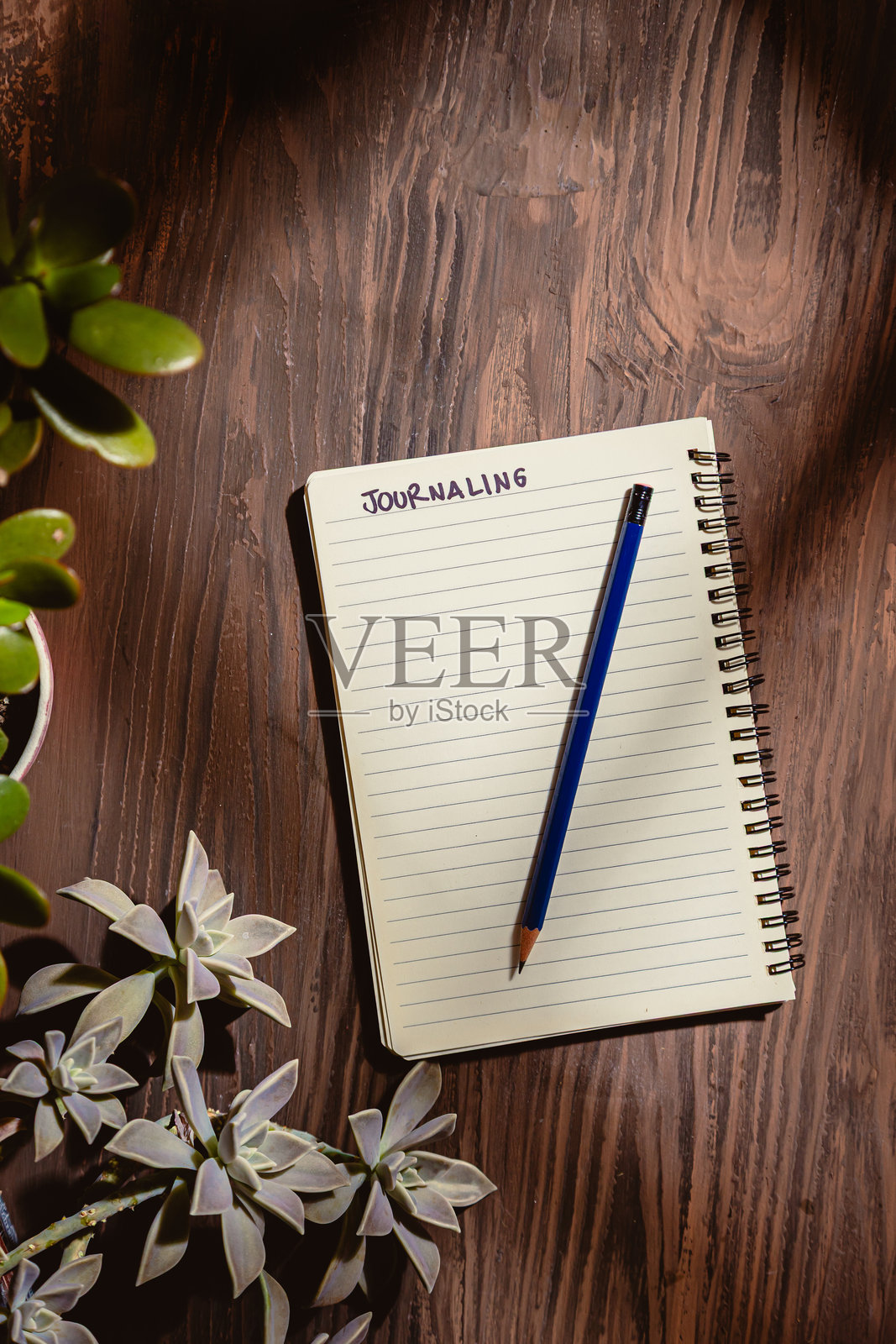 蓝色铅笔在有纹理的木质表面上，在一本带有横线的笔记本上写着“Journaling”这个词照片摄影图片