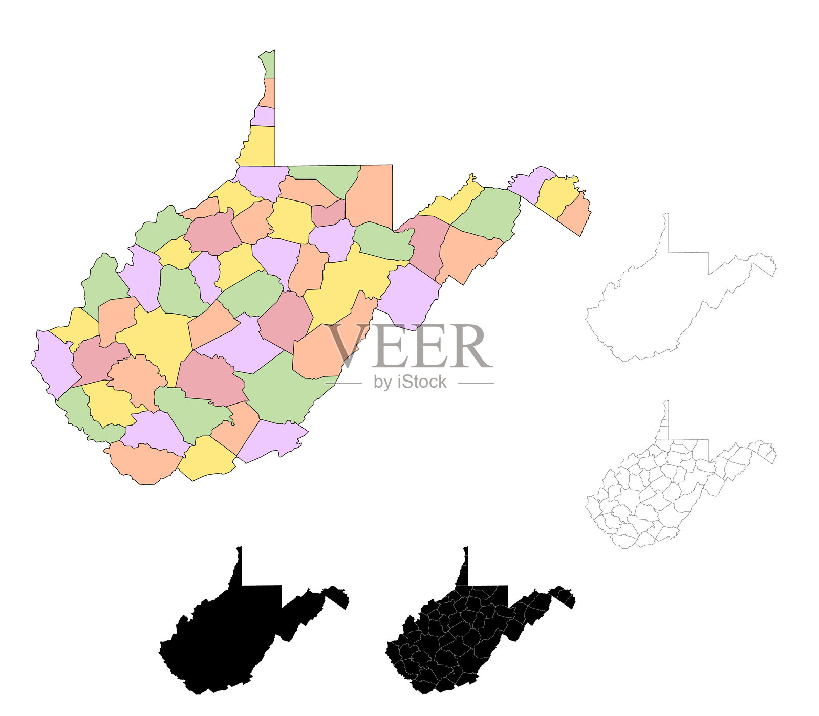 西弗吉尼亚州地图。西弗吉尼亚州行政区划图、西弗吉尼亚州轮廓和县州地图集 - 插画版插画图片素材