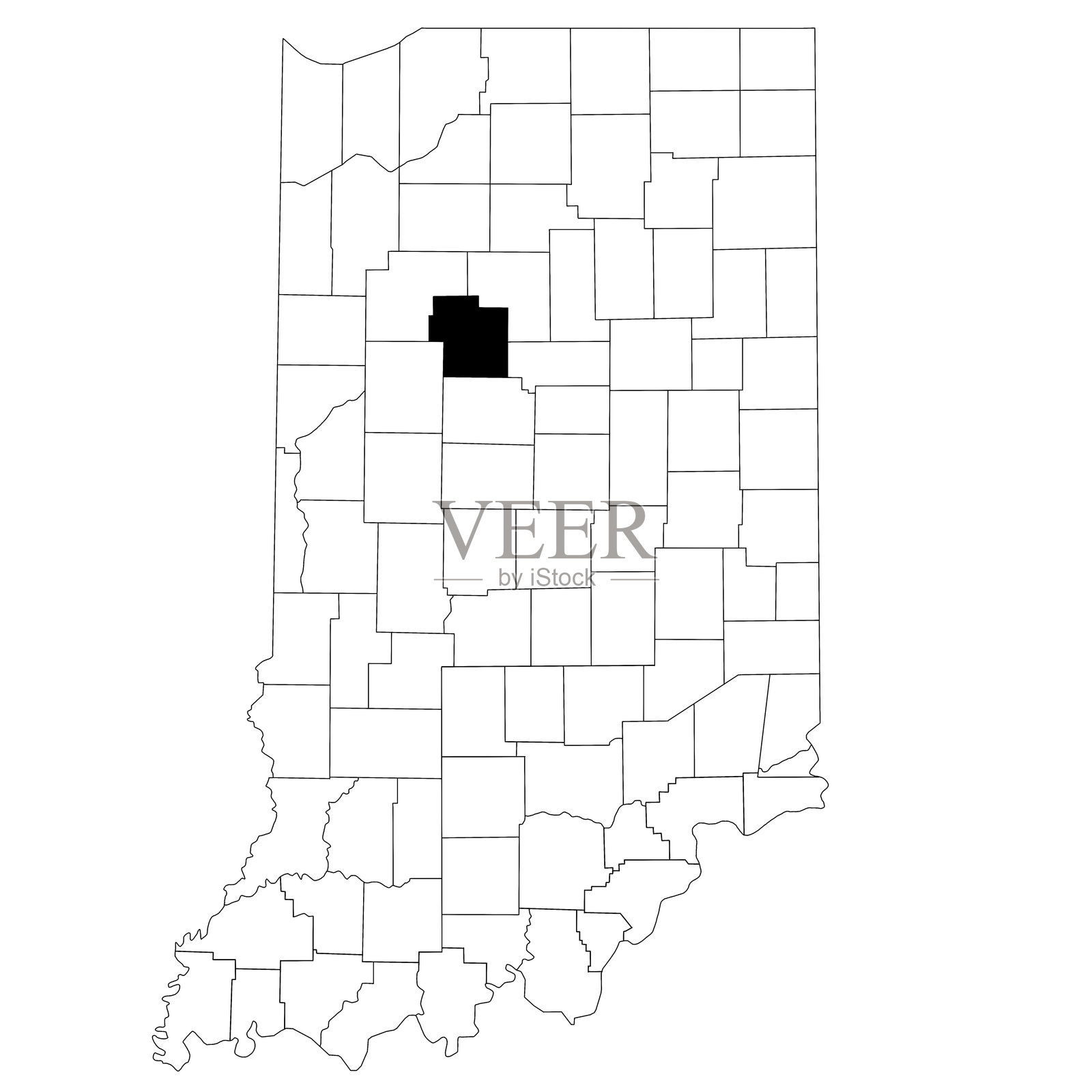 印第安纳州卡罗尔县地图，背景为白色。印第安纳州地图上以黑色突出显示了单一的县地图。美国，美利坚合众国插画图片素材