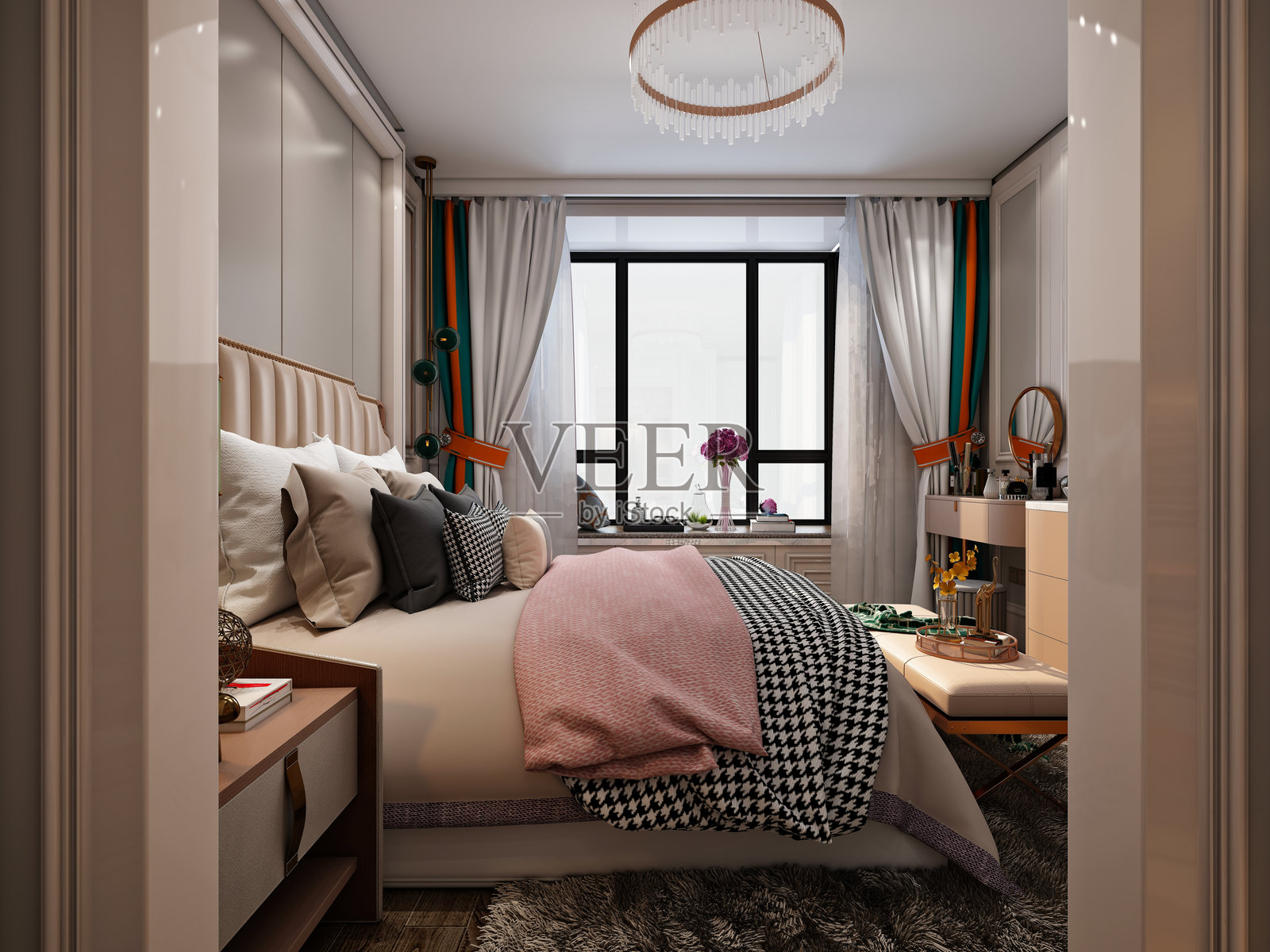 豪华酒店卧室的3D渲染图照片摄影图片