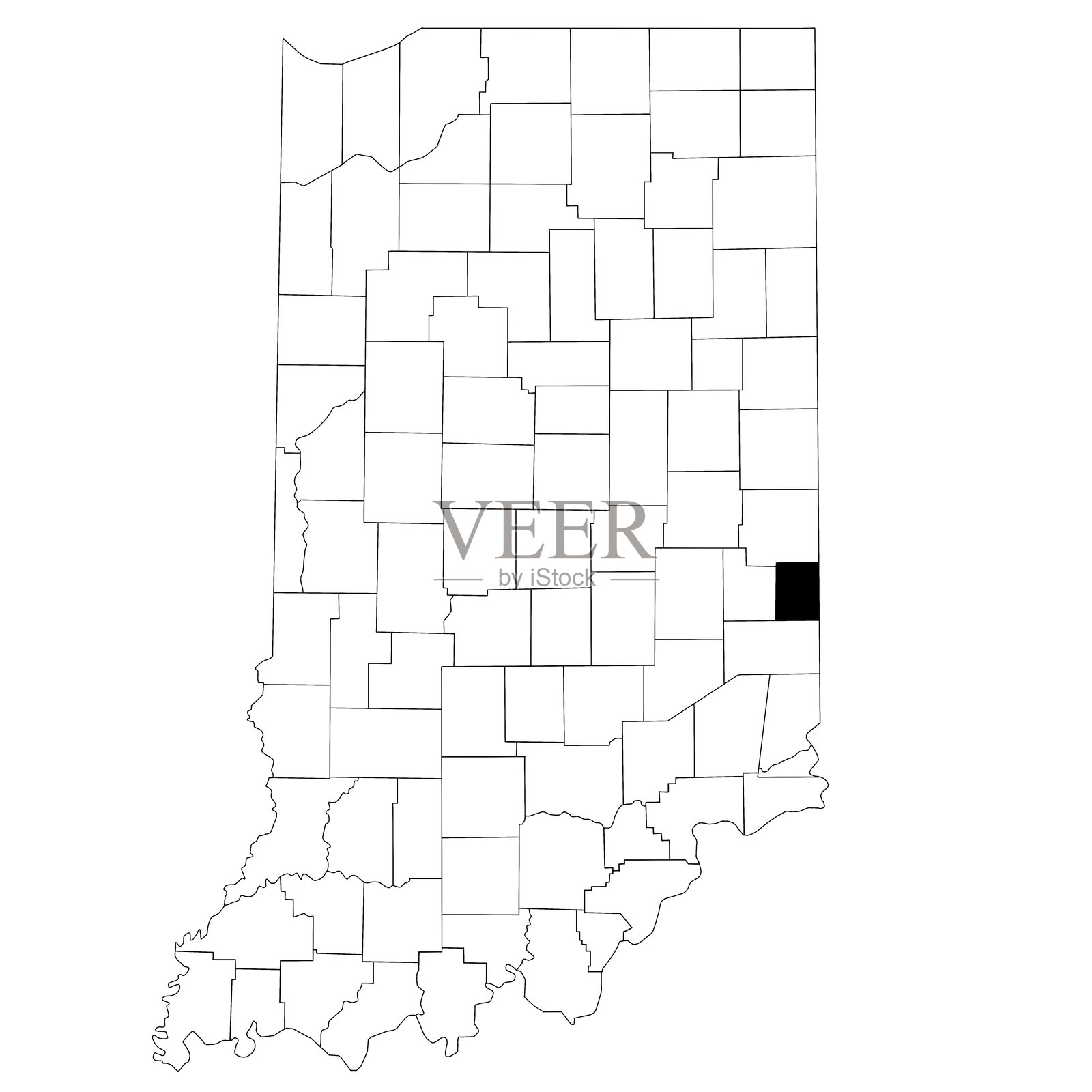 美国印第安纳州联合县地图，白色背景。印第安纳州地图上以黑色高亮显示了联合县的单一县地图。插画图片素材