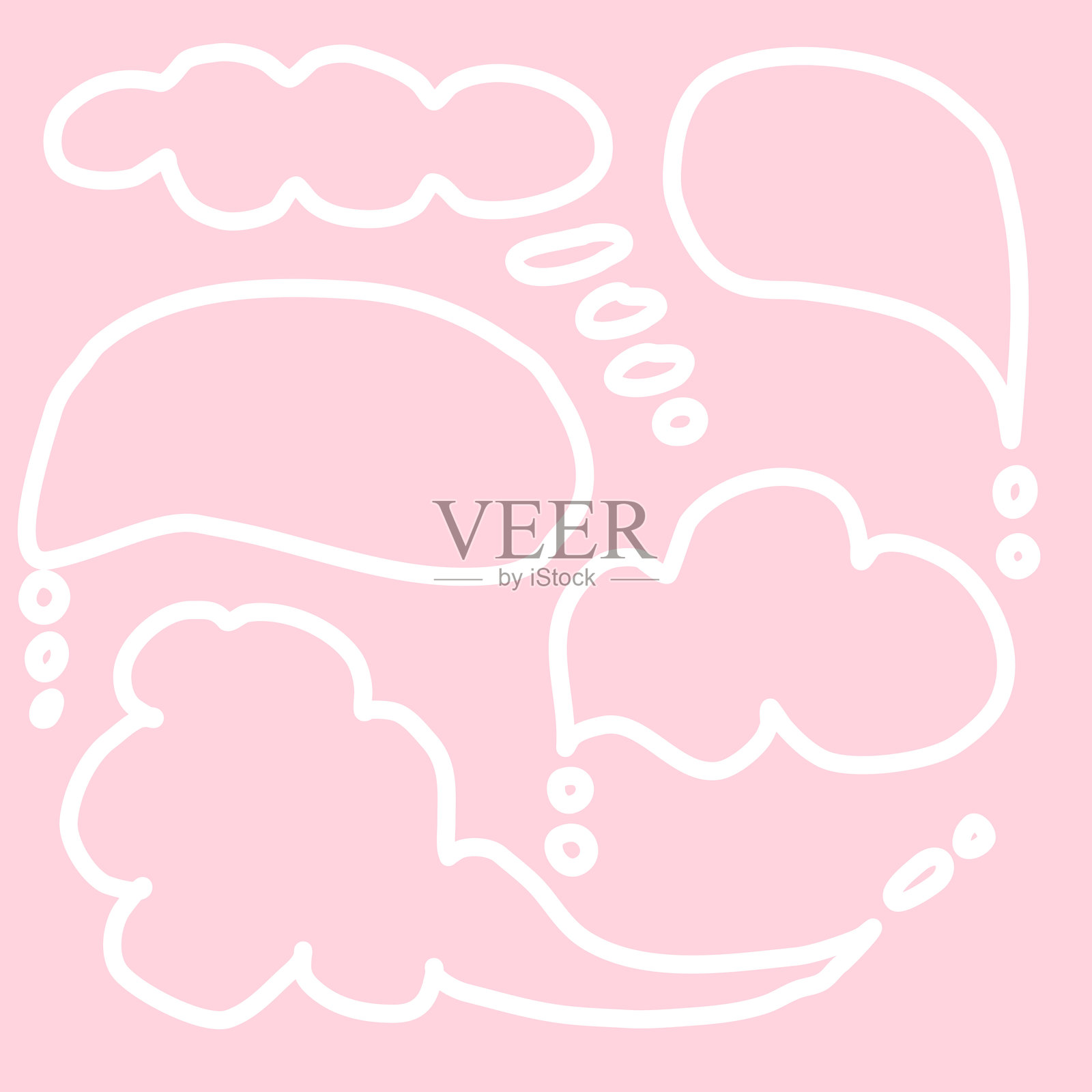 带有白色轮廓的手绘对话气泡和思考气泡的无缝粉色图案。可爱的涂鸦风格插画，极简扁平化设计，适合漫画、儿童设计和印刷品的趣味背景。插画图片素材