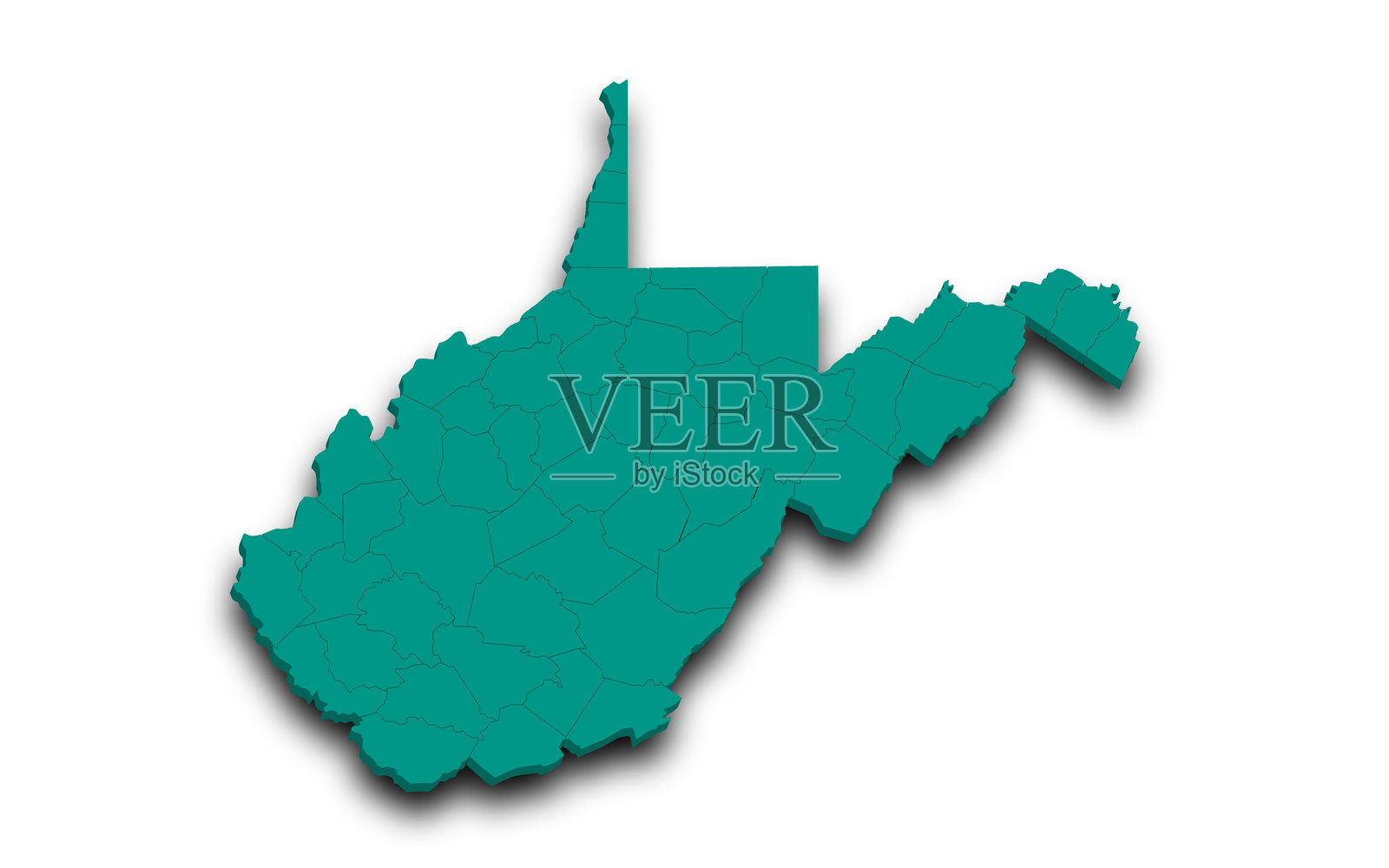 西弗吉尼亚州地图。美国西弗吉尼亚州三维彩色地图。美利坚合众国，美国，美利坚合众国插画图片素材