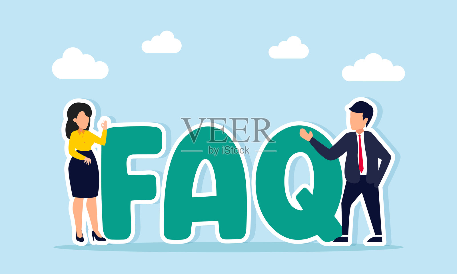 一名男商人和一名女商人正在“常见问题解答”文本旁边讨论，该文本说明了对常见商业问题的解答插画图片素材