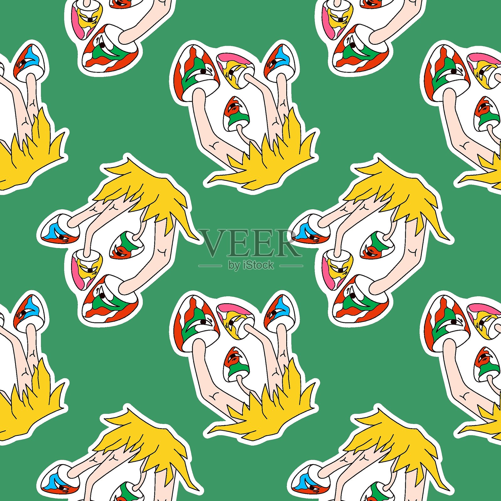 超现实抽象迷幻卡通风格，绿色背景上的迷幻蘑菇无缝图案。插画图片素材