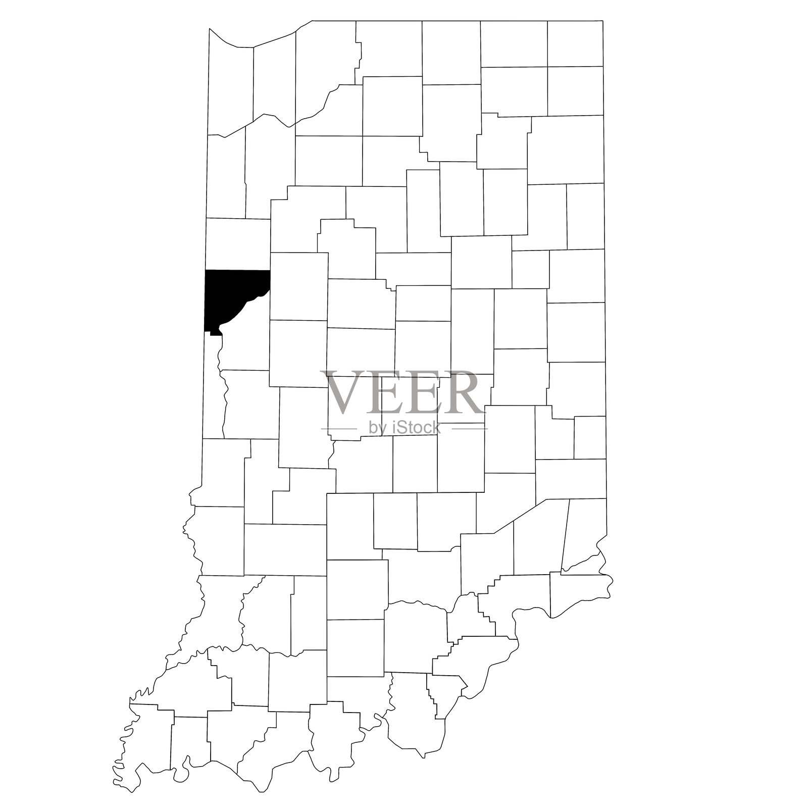 印第安纳州沃伦县地图，白色背景。美国印第安纳州地图上突出显示了沃伦县的轮廓。插画图片素材