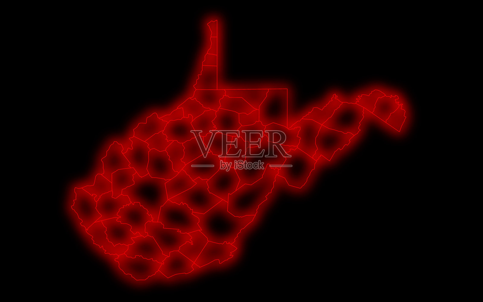 黑色背景上发光的红色西弗吉尼亚州地图插画图片素材