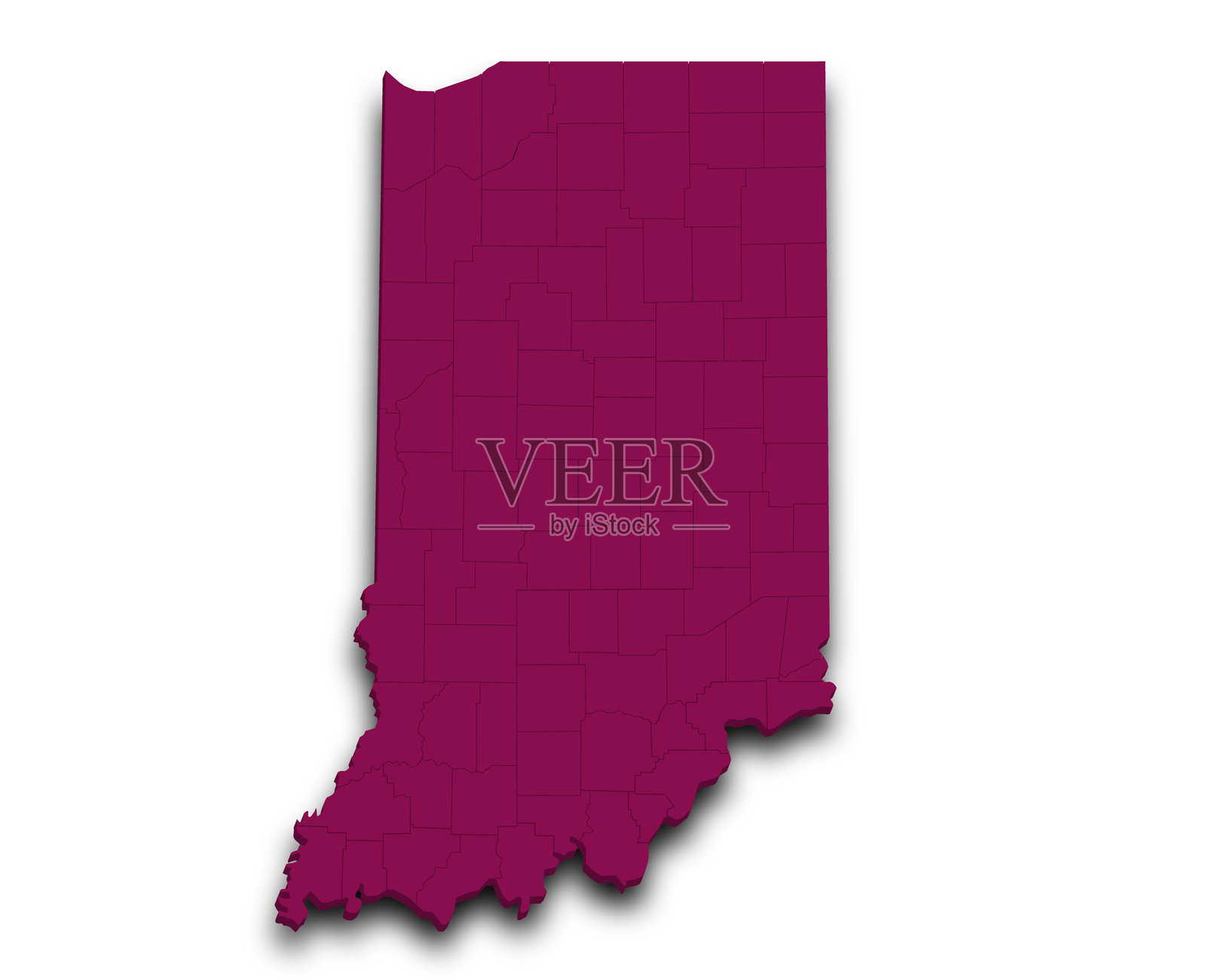 印第安纳州地图。美国印第安纳州彩色三维地图。美利坚合众国，美国，美利坚合众国插画图片素材