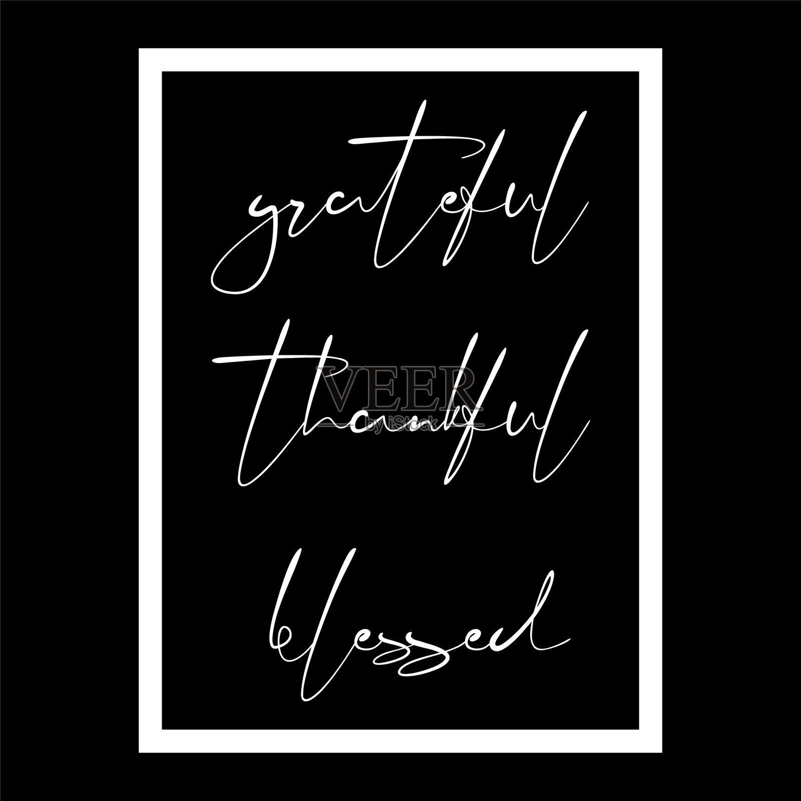 心怀感恩、感激、蒙福，黑底白字手写文字插画图片素材