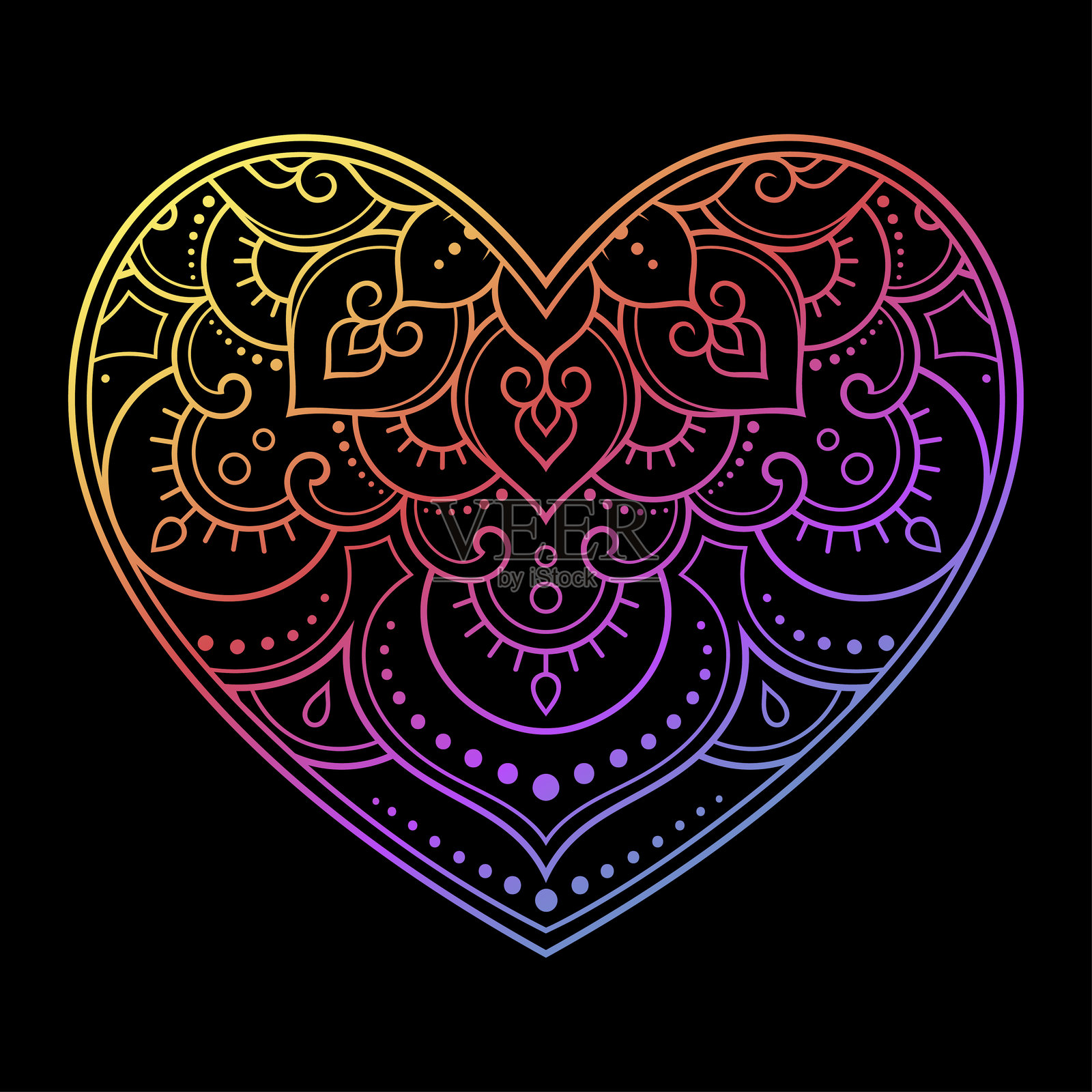 以心形组成的指甲花图案，用于海娜彩绘和纹身。装饰采用东方民族风格、印度风格。情人节祝福。彩虹色图案，黑色背景。插画图片素材