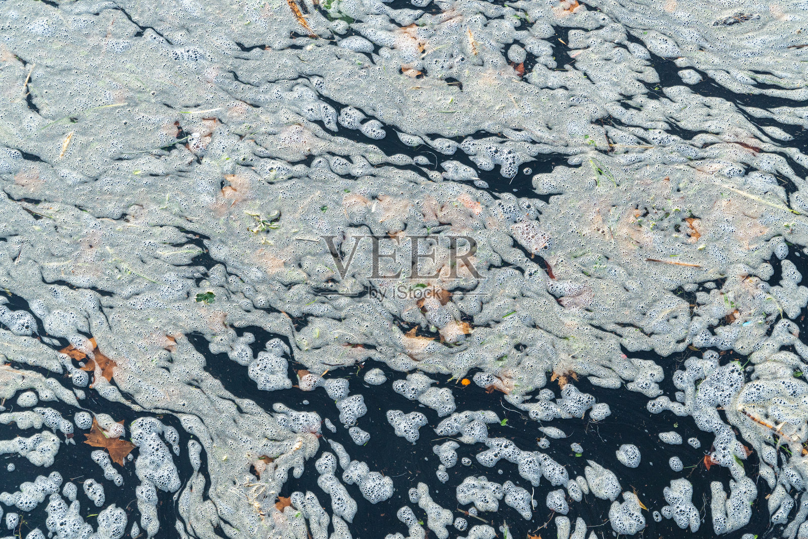 受污染池塘水面上的泡沫抽象背景照片摄影图片