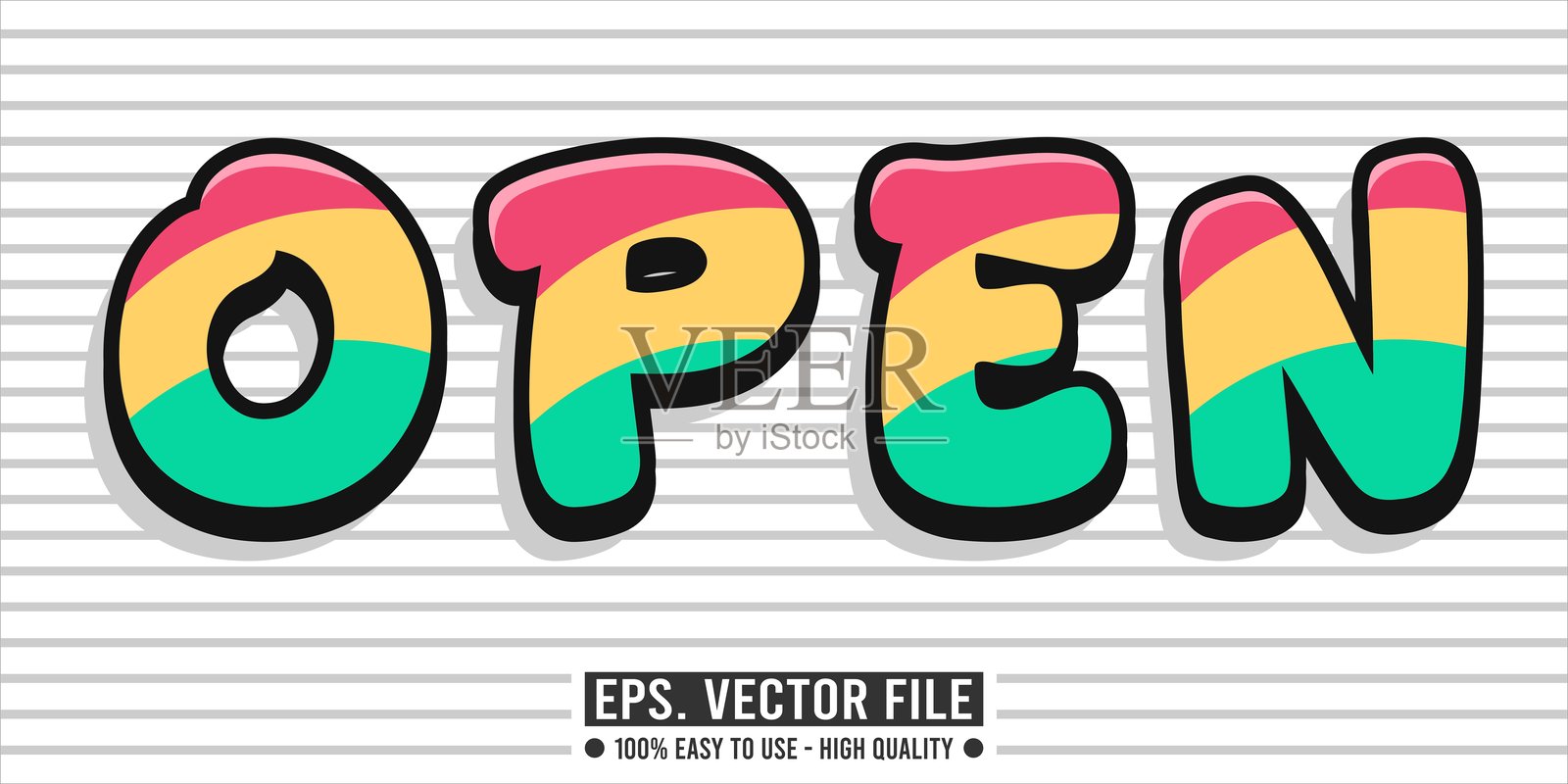 复古卡通风格的彩色泡泡“OPEN”文字效果插画图片素材