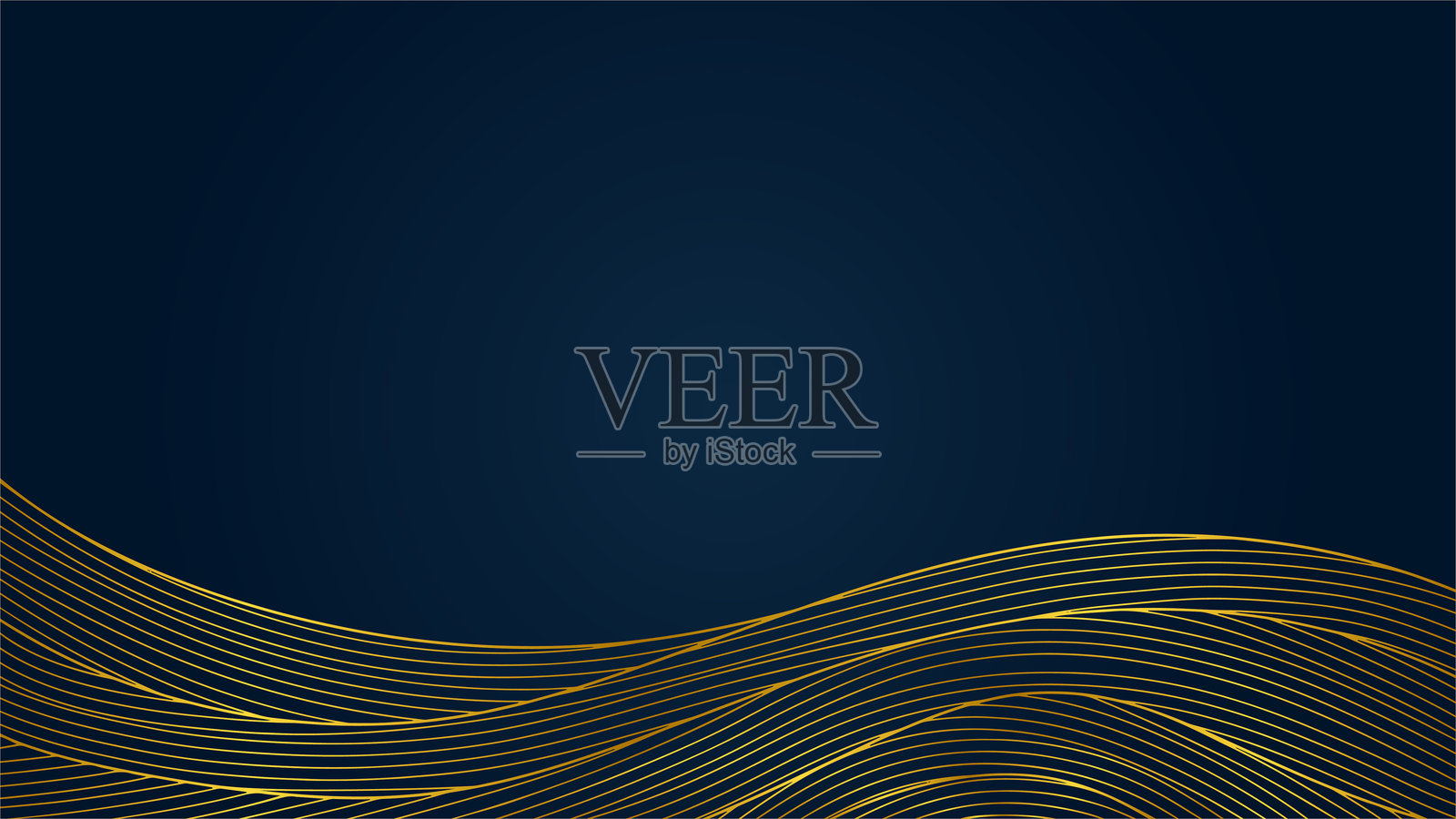 奢华深蓝色背景，金色流动线条。海军蓝底色上的优雅金色波浪图案。抽象的优质金色波浪线条背景插画图片素材