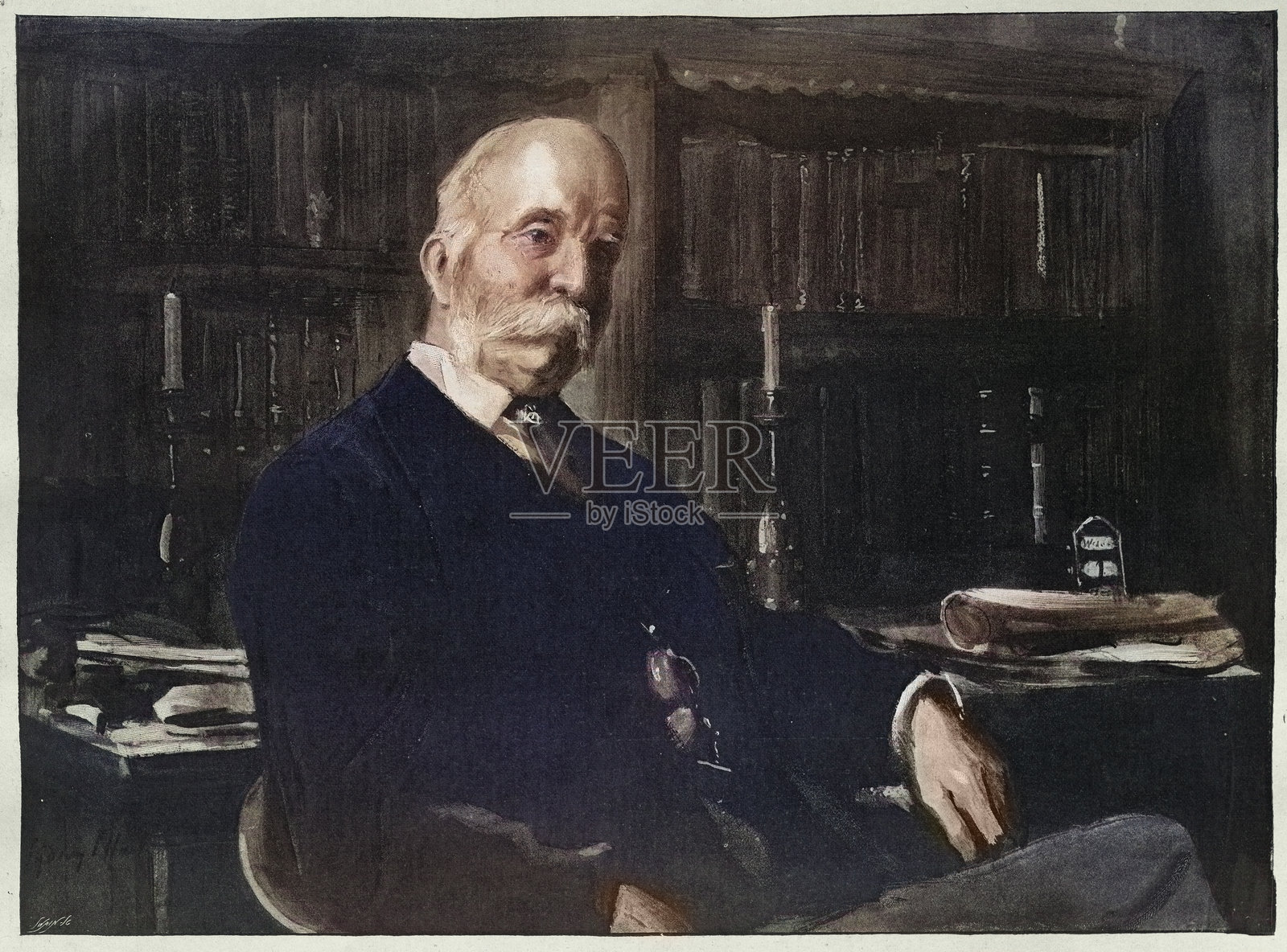 约翰·弗利爵士肖像，一位英国人道主义者，他致力于改善战时和国内的医疗护理。复古插画，1899年，19世纪。插画图片素材