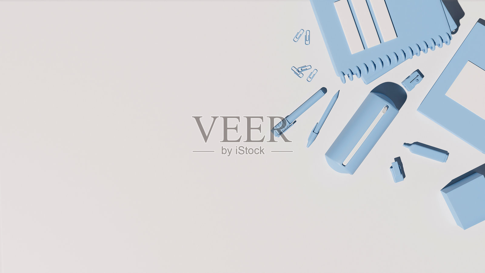 蓝色文具框架俯视平铺，配有笔记本和钢笔，3D渲染照片摄影图片