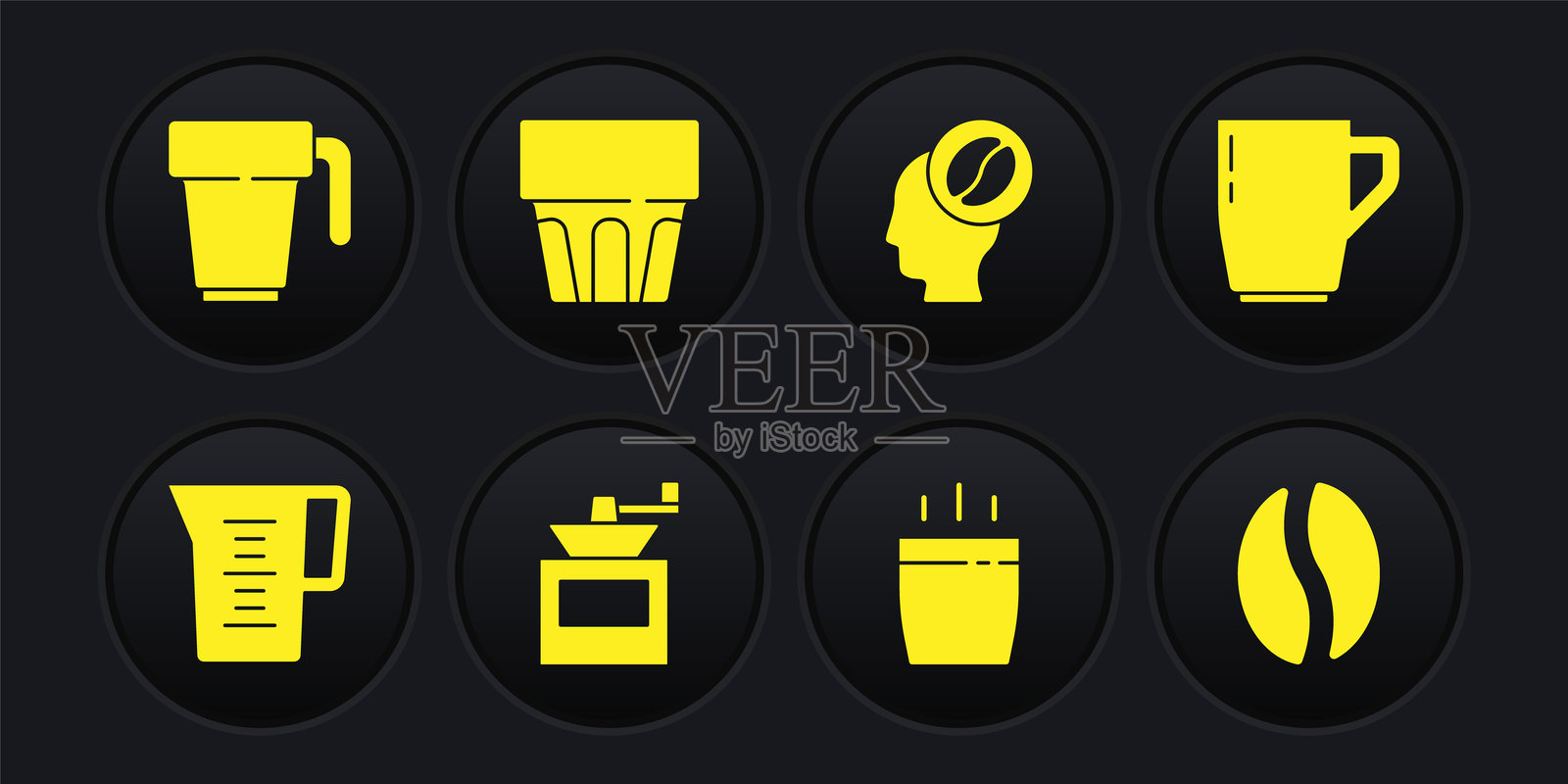 带水的水罐和玻璃杯、咖啡杯、手动咖啡研磨机、咖啡师、玻璃杯、咖啡豆和图标。矢量图插画图片素材