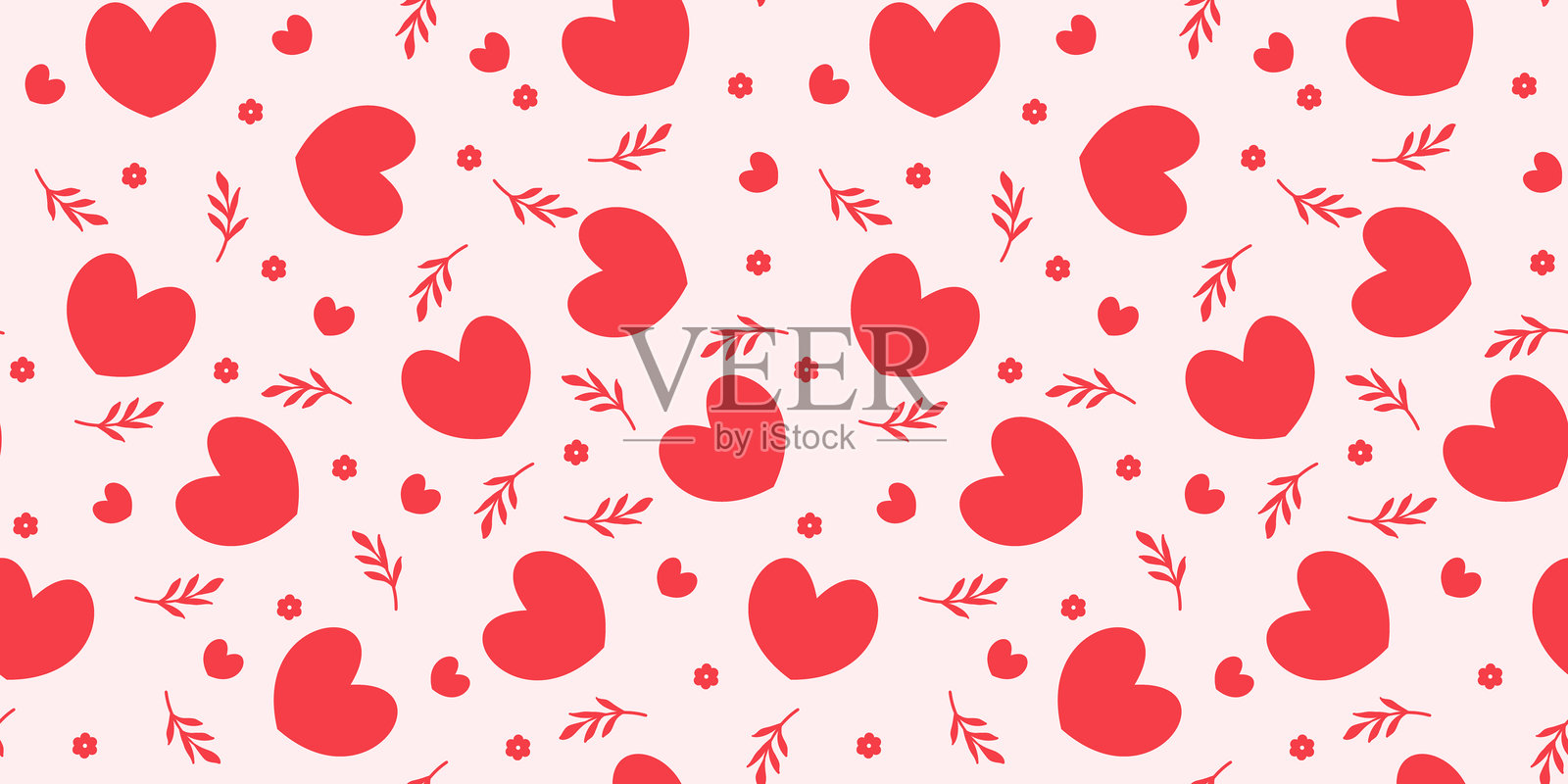 爱心图案，包含云朵和叶子。手绘心形设计。情人节快乐背景，非常适合用于请柬、卡片、印刷品、服装、海报、网页、包装纸。矢量插画插画图片素材