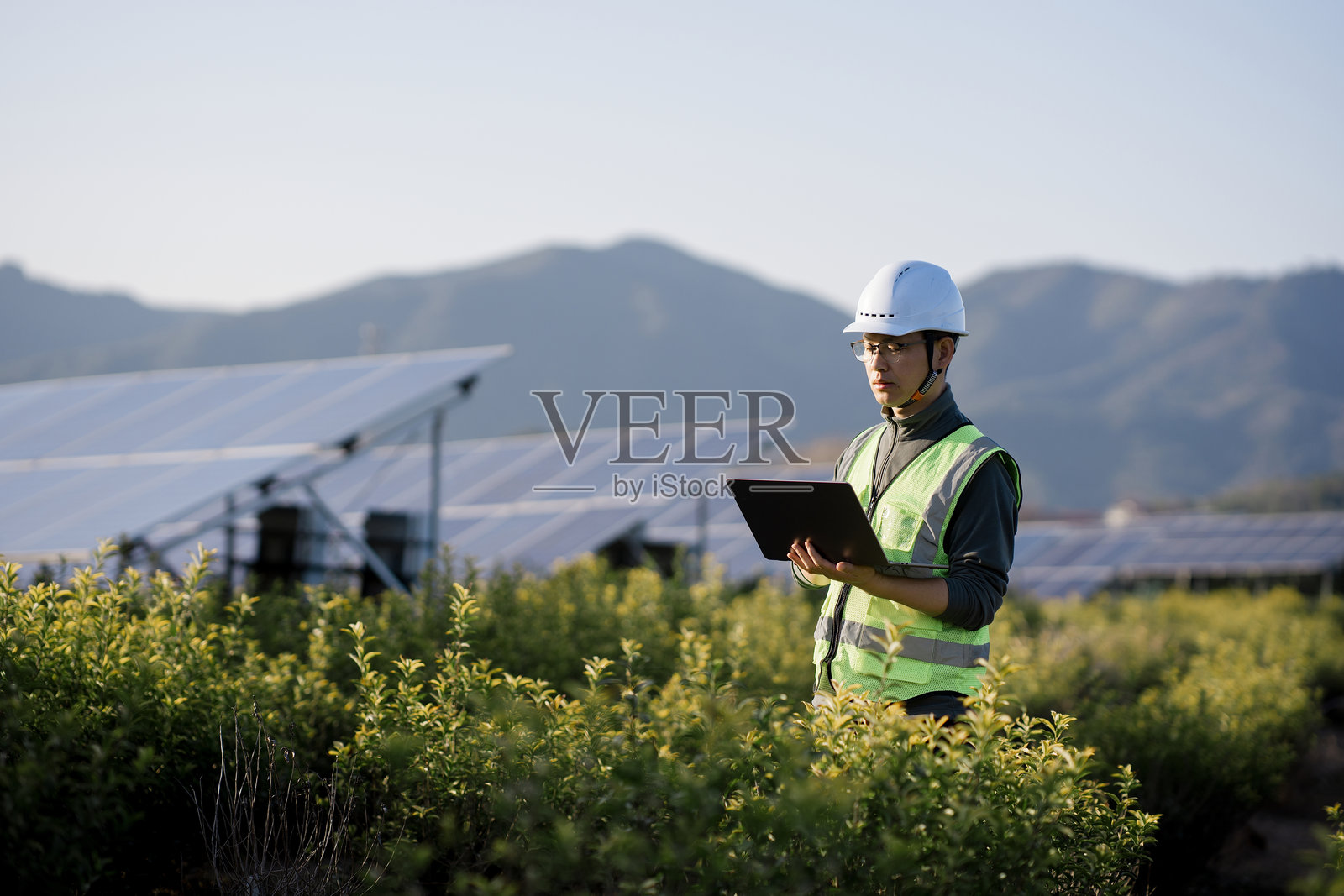 工程师手持平板检查光伏电站照片摄影图片