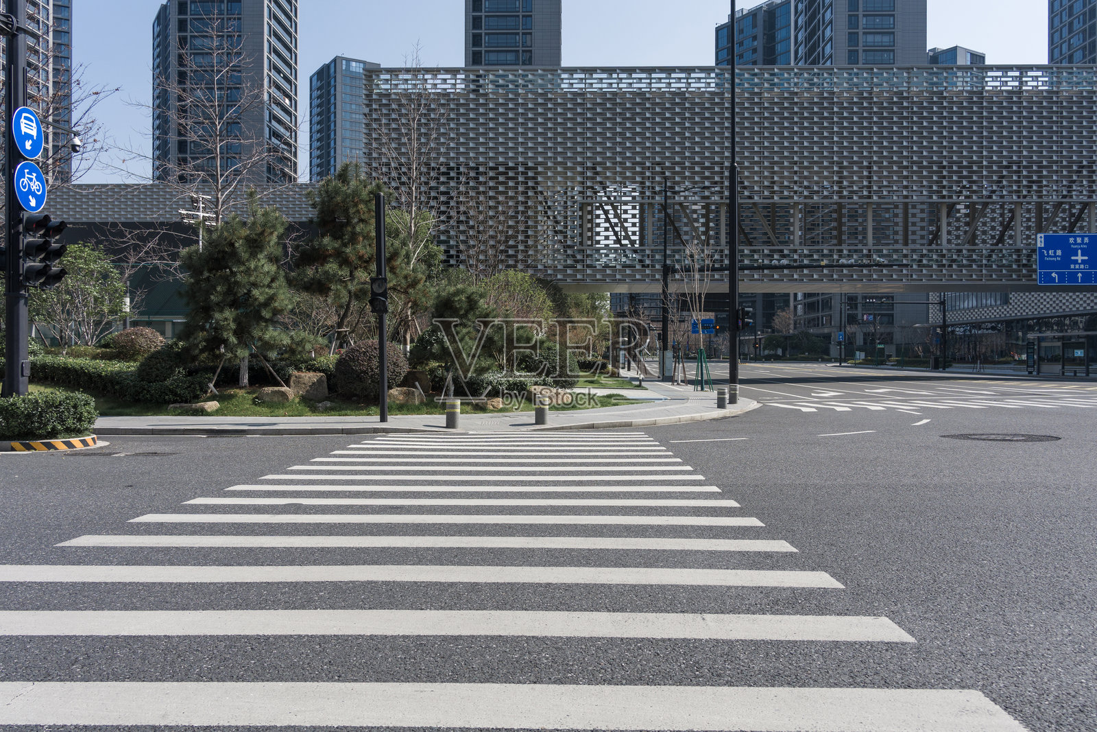 城市街道斑马线现代建筑与绿化景观照片摄影图片