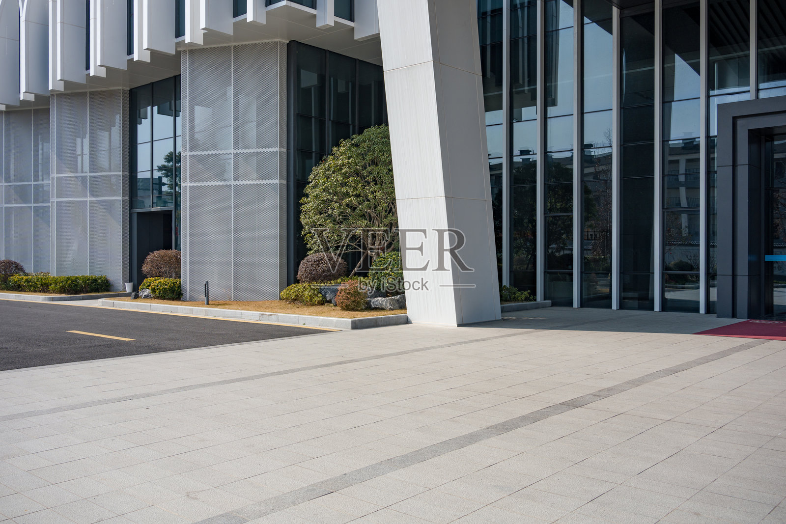 现代办公楼入口广场与绿化景观照片摄影图片