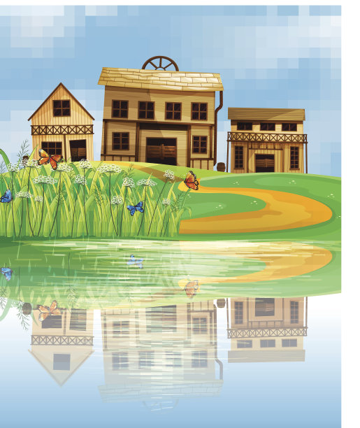 池塘里倒映着木房图片下载