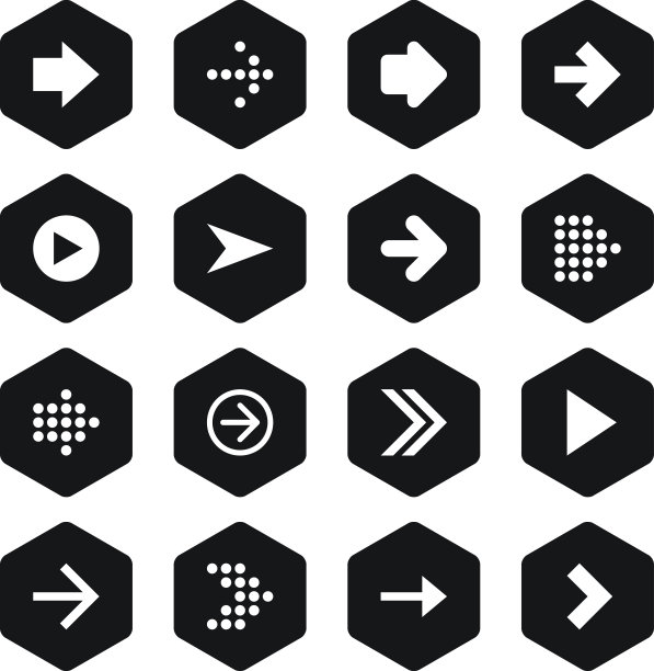 箭头标志黑色六角形按钮图标平淡简单的风格图片下载