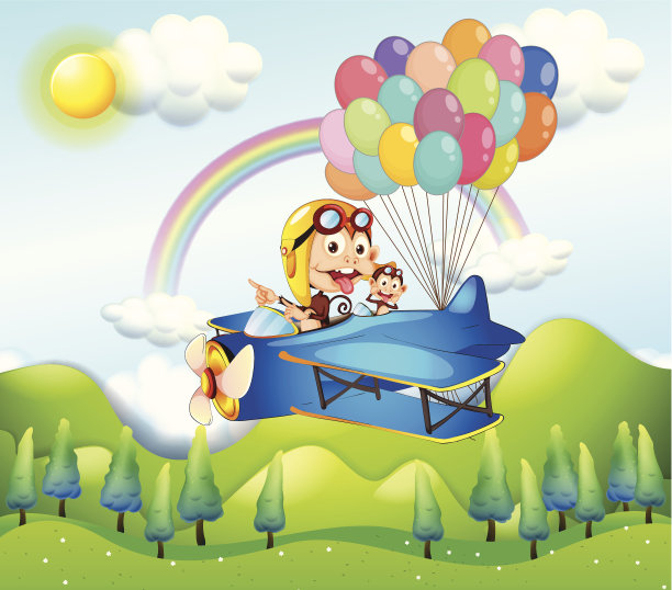 两只猴子坐在一架带着彩色气球的飞机上图片下载