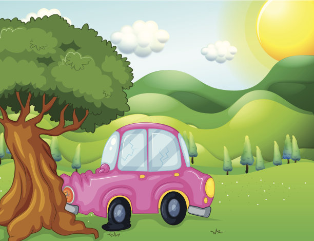 粉红色的汽车撞到了大树图片下载