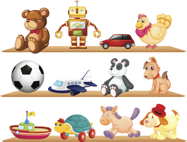 三个架子上摆满了儿童玩具图片下载