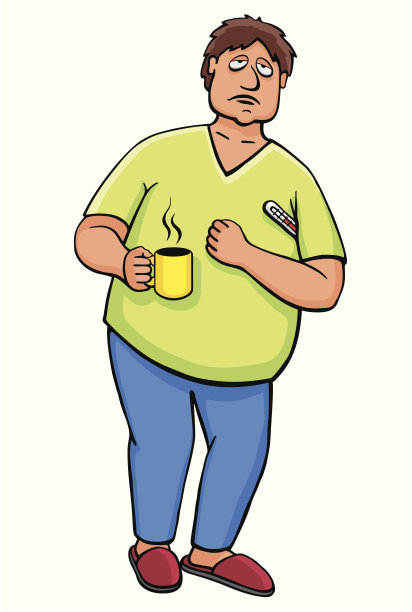 病人拿着一杯热茶和温度计图片下载