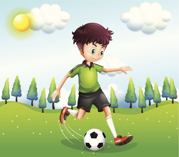 男孩在山坡上踢足球图片下载