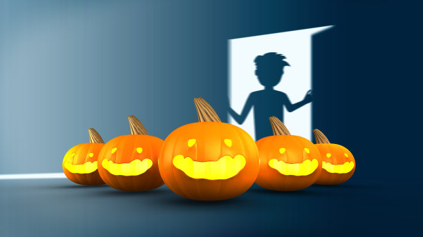 万圣节南瓜与男孩打开门的背景图片下载