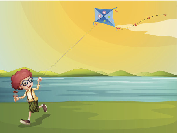 小男孩在河边玩风筝图片下载