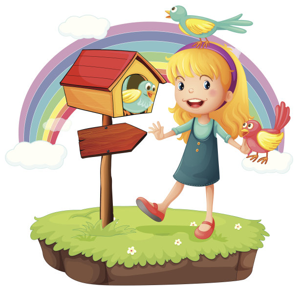 女孩站在一个木信箱旁边，上面放着三只鸟图片下载