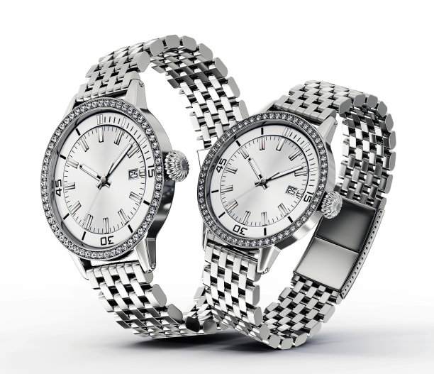 两个银色的手表放在白色的背景上图片下载