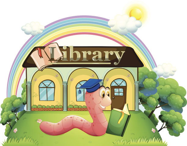 蠕虫戴着毕业帽在图书馆前看书图片下载